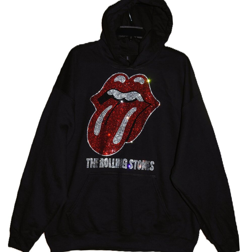 Rolling Stones black rhinestone  hooded sweatshirt hoodie  on sleeve S M L …